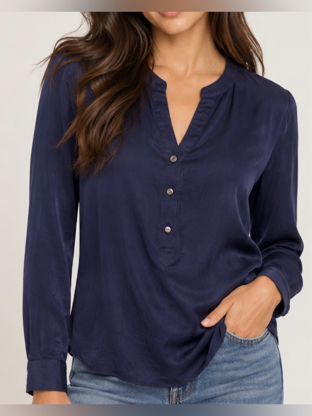 Banana Republic 100% Silk Navy Blue Henley Blouse Long Sleeve Top Size Small
